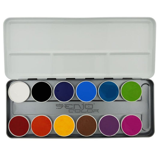 geöffnete Schminkpalette mit 12 Aqua Farben von Senjo Color für Kinderschminken, Facepainting, Bodypainting 